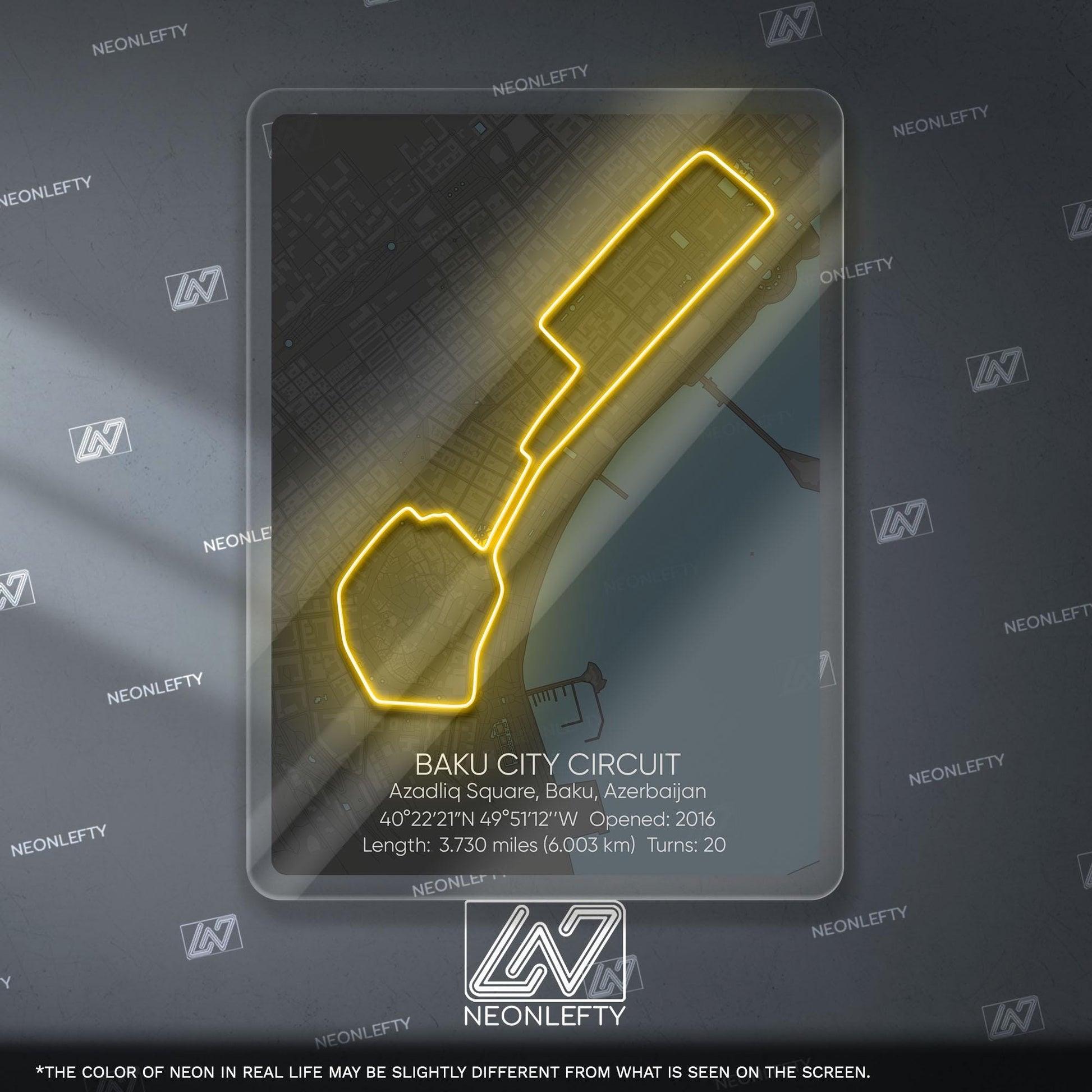 Baku Circuit Neon Sign - Iconic Formula 1 street track wall art inspired by the Azerbaijan Grand Prix, perfect for garage, racing decor