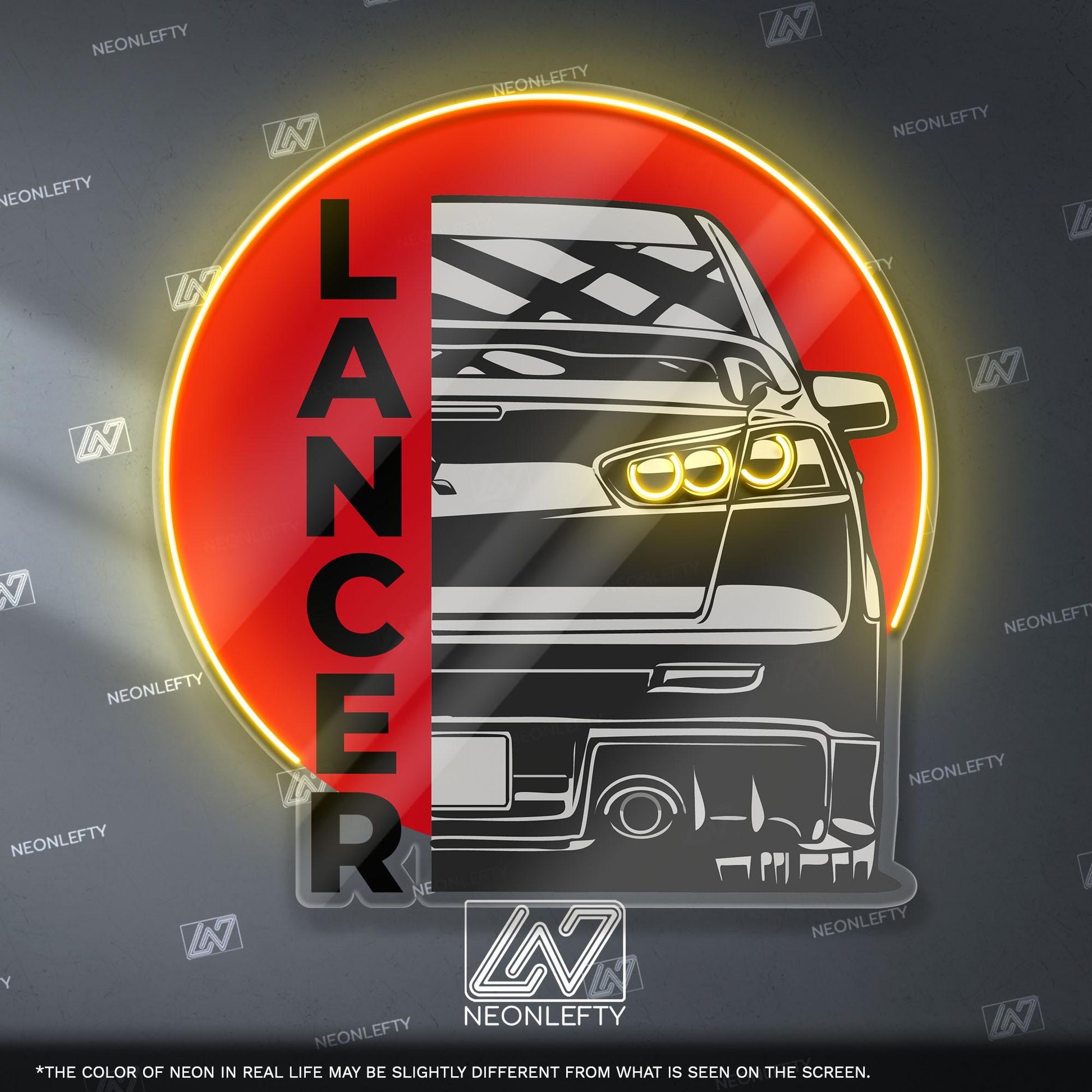 Lancer Evo X Neon Sign - Rear view wall art of iconic Mitsubishi Evo X, perfect for garage, man cave, tuner room or JDM rally car enthusiast