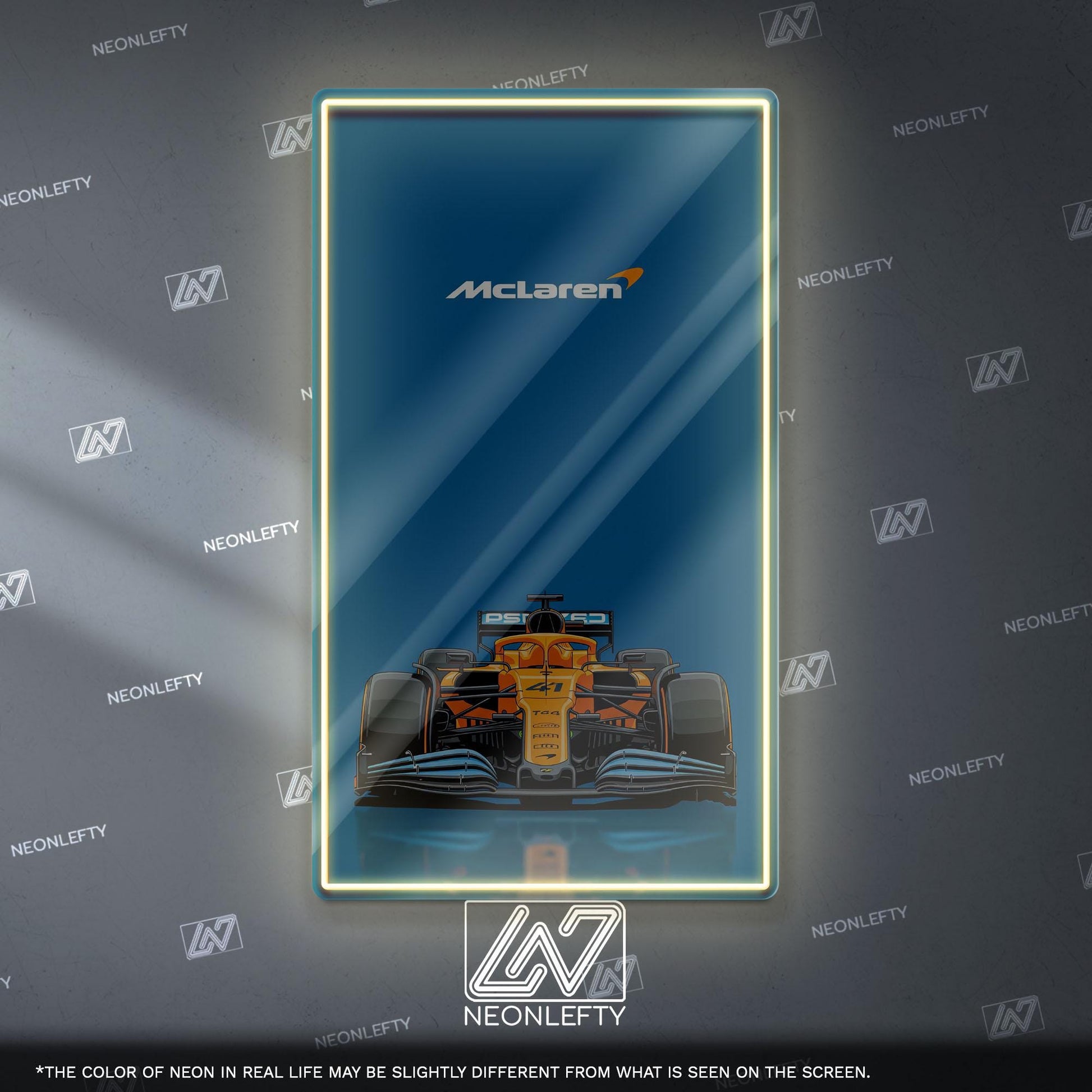 McLaren F1 Neon Sign - Bold front view wall art of iconic McLaren Formula 1 car, perfect for garage, man cave, office or motorsport setup