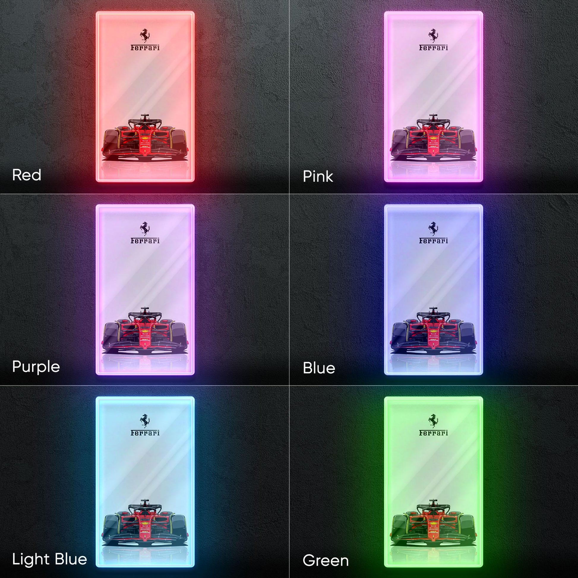 Ferrari F1 Neon Sign - Bold front view wall art of iconic Scuderia Ferrari Formula 1 car, perfect for garage, man cave, office or motorsport