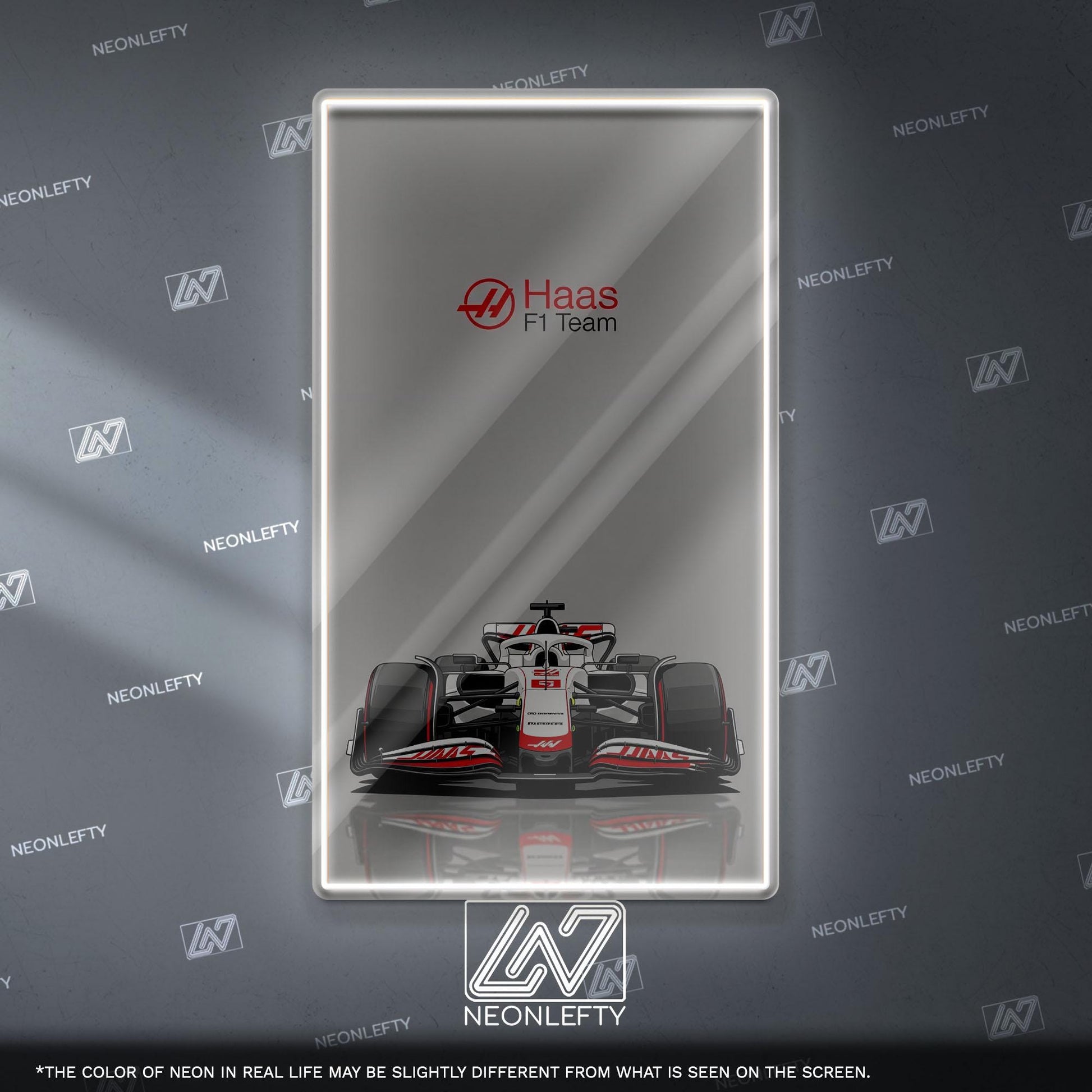 Haas F1 Team Neon Sign - Bold front view wall art of American Formula 1 car, perfect for garage, man cave, office or motorsport collection