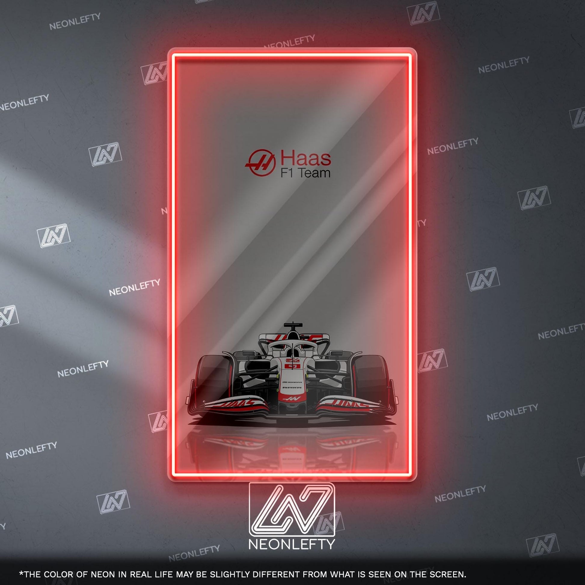 Haas F1 Team Neon Sign - Bold front view wall art of American Formula 1 car, perfect for garage, man cave, office or motorsport collection