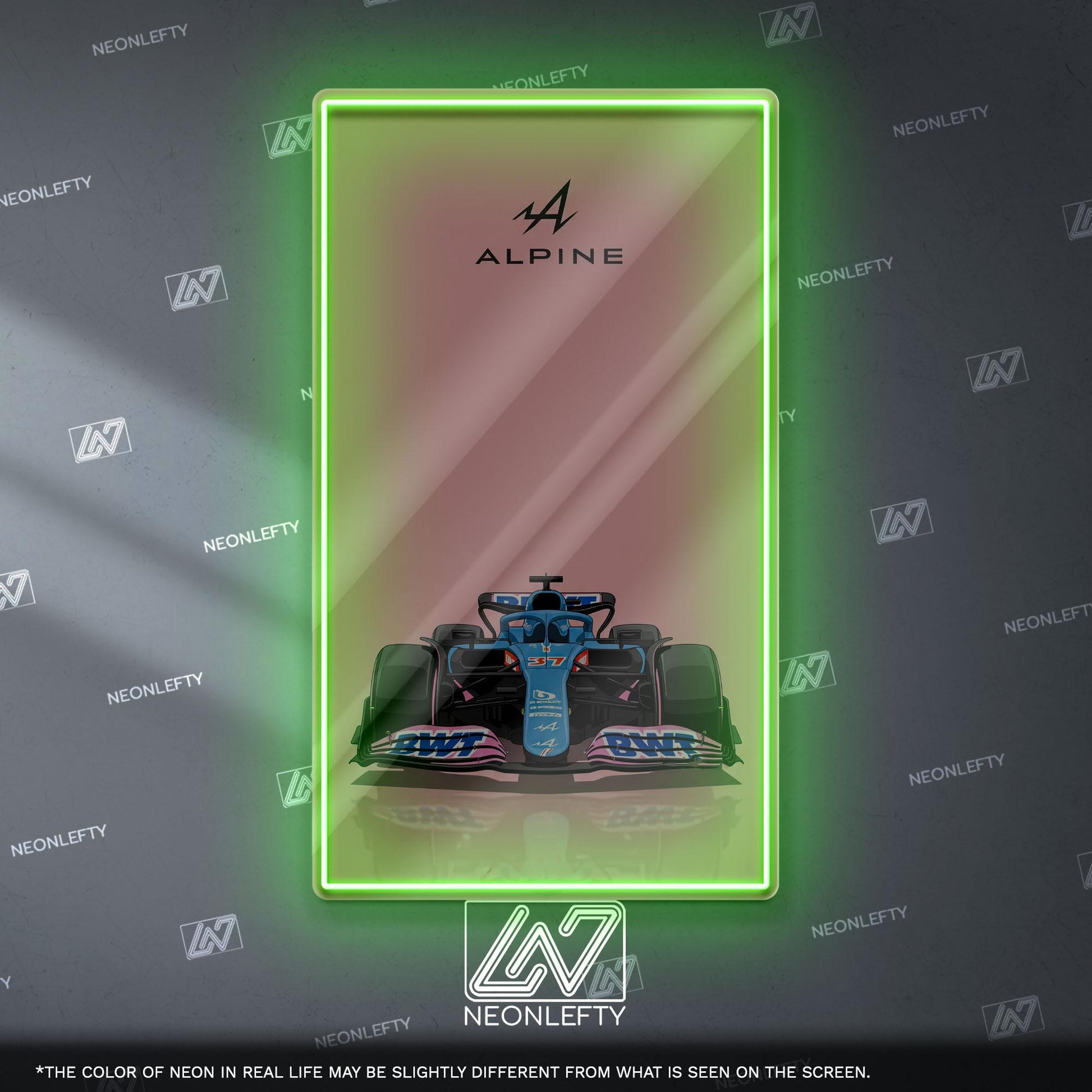 Alpine F1 Neon Sign - Front view wall art of Alpine Formula 1 car, perfect for garage, man cave, office or motorsport enthusiast interior