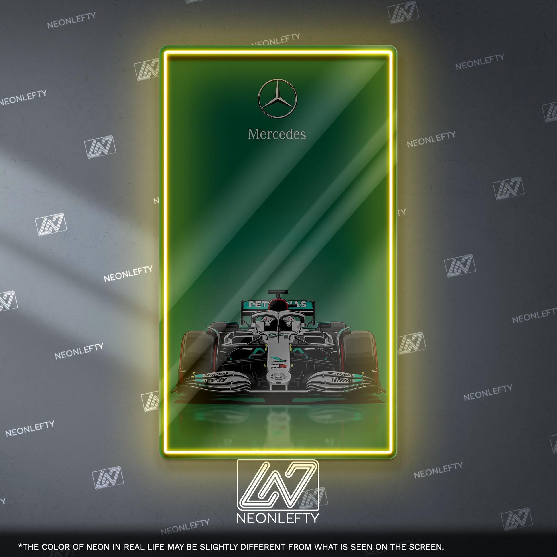 Mercedes F1 Neon Sign - Sleek front view wall art of iconic Formula 1 car, perfect for garage, man cave, office or motorsport enthusiast
